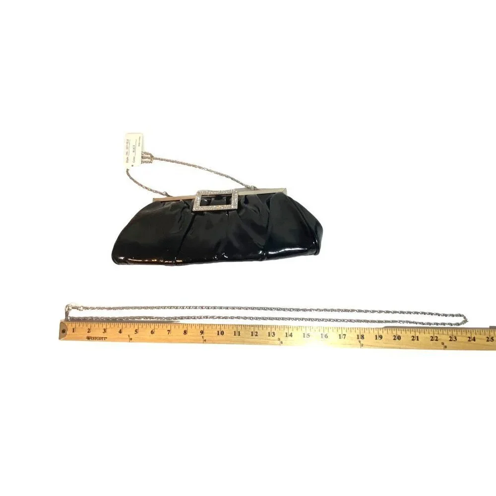 New Black Glossy Convertible Evening Bag Clutch with Rhinestone‎ Closure
